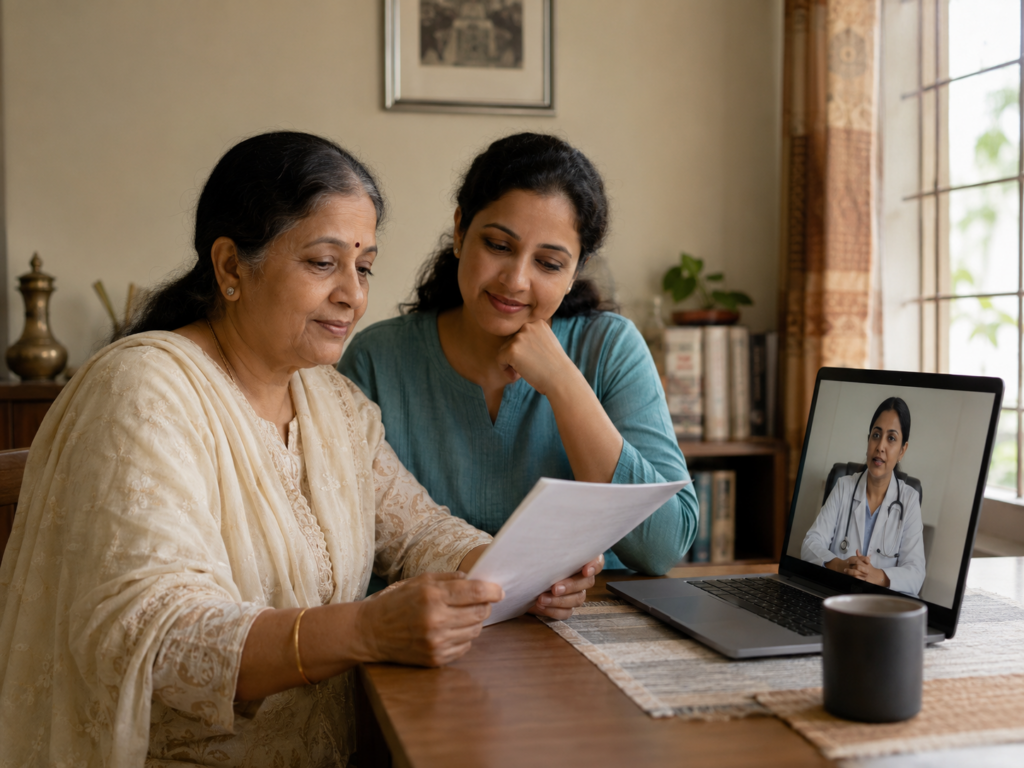 Family reviewing cancer treatment options during an online consultation