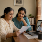 Family reviewing cancer treatment options during an online consultation