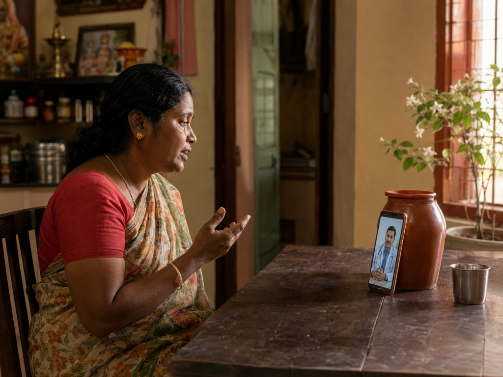 Patient in Madurai having an online doctor consultation from home