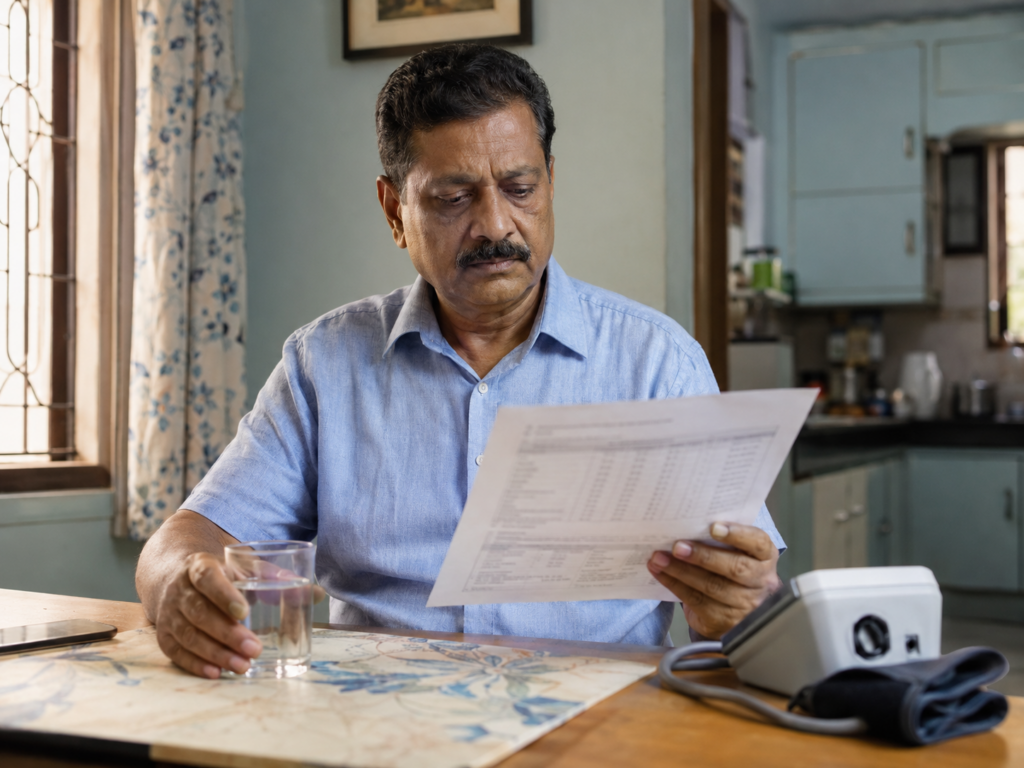 Patient reviewing kidney function test results at home before a nephrology consultation